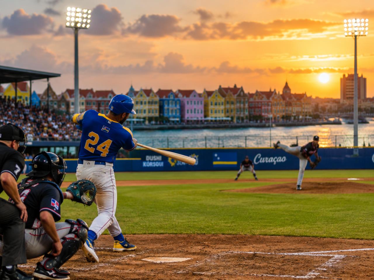 CPB batter mid-swing at sunset in Willemstad